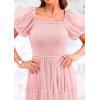 imagePRETTYGARDEN Womens Smocked Midi Tulle Dress 2025 Summer Puffy Short Sleeve Square Neck Ruffle Wedding Guest Party DressesLight Pink
