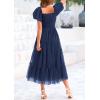 imagePRETTYGARDEN Womens Smocked Midi Tulle Dress 2025 Summer Puffy Short Sleeve Square Neck Ruffle Wedding Guest Party DressesNavy