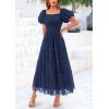 imagePRETTYGARDEN Womens Smocked Midi Tulle Dress 2025 Summer Puffy Short Sleeve Square Neck Ruffle Wedding Guest Party DressesNavy