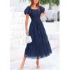 imagePRETTYGARDEN Womens Smocked Midi Tulle Dress 2025 Summer Puffy Short Sleeve Square Neck Ruffle Wedding Guest Party DressesNavy