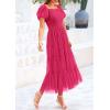 imagePRETTYGARDEN Womens Smocked Midi Tulle Dress 2025 Summer Puffy Short Sleeve Square Neck Ruffle Wedding Guest Party DressesRose Red