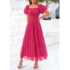 imagePRETTYGARDEN Womens Smocked Midi Tulle Dress 2025 Summer Puffy Short Sleeve Square Neck Ruffle Wedding Guest Party DressesRose Red
