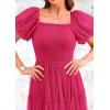 imagePRETTYGARDEN Womens Smocked Midi Tulle Dress 2025 Summer Puffy Short Sleeve Square Neck Ruffle Wedding Guest Party DressesRose Red