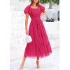 imagePRETTYGARDEN Womens Smocked Midi Tulle Dress 2025 Summer Puffy Short Sleeve Square Neck Ruffle Wedding Guest Party DressesRose Red