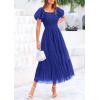 imagePRETTYGARDEN Womens Smocked Midi Tulle Dress 2025 Summer Puffy Short Sleeve Square Neck Ruffle Wedding Guest Party DressesRoyal Blue