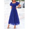 imagePRETTYGARDEN Womens Smocked Midi Tulle Dress 2025 Summer Puffy Short Sleeve Square Neck Ruffle Wedding Guest Party DressesRoyal Blue
