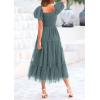 imagePRETTYGARDEN Womens Smocked Midi Tulle Dress 2025 Summer Puffy Short Sleeve Square Neck Ruffle Wedding Guest Party DressesSage Green
