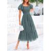 imagePRETTYGARDEN Womens Smocked Midi Tulle Dress 2025 Summer Puffy Short Sleeve Square Neck Ruffle Wedding Guest Party DressesSage Green