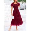 imagePRETTYGARDEN Womens Smocked Midi Tulle Dress 2025 Summer Puffy Short Sleeve Square Neck Ruffle Wedding Guest Party DressesWine Red