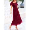 imagePRETTYGARDEN Womens Smocked Midi Tulle Dress 2025 Summer Puffy Short Sleeve Square Neck Ruffle Wedding Guest Party DressesWine Red
