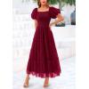 imagePRETTYGARDEN Womens Smocked Midi Tulle Dress 2025 Summer Puffy Short Sleeve Square Neck Ruffle Wedding Guest Party DressesWine Red