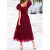 imagePRETTYGARDEN Womens Smocked Midi Tulle Dress 2025 Summer Puffy Short Sleeve Square Neck Ruffle Wedding Guest Party DressesWine Red