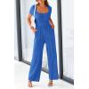imagePRETTYGARDEN Womens Summer One Piece Jumpsuits Dressy Casual Short Sleeve Square Neck Wide Leg Jumpsuit RompersBlue