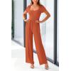 imagePRETTYGARDEN Womens Summer One Piece Jumpsuits Dressy Casual Short Sleeve Square Neck Wide Leg Jumpsuit RompersBrick Red