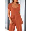 imagePRETTYGARDEN Womens Summer One Piece Jumpsuits Dressy Casual Short Sleeve Square Neck Wide Leg Jumpsuit RompersBrick Red