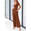 imagePRETTYGARDEN Womens Summer One Piece Jumpsuits Dressy Casual Short Sleeve Square Neck Wide Leg Jumpsuit RompersBrown