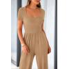 imagePRETTYGARDEN Womens Summer One Piece Jumpsuits Dressy Casual Short Sleeve Square Neck Wide Leg Jumpsuit RompersCamel