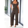 imagePRETTYGARDEN Womens Summer One Piece Jumpsuits Dressy Casual Short Sleeve Square Neck Wide Leg Jumpsuit RompersCoffee