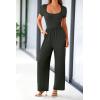 imagePRETTYGARDEN Womens Summer One Piece Jumpsuits Dressy Casual Short Sleeve Square Neck Wide Leg Jumpsuit RompersDark Army Green