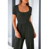 imagePRETTYGARDEN Womens Summer One Piece Jumpsuits Dressy Casual Short Sleeve Square Neck Wide Leg Jumpsuit RompersDark Army Green
