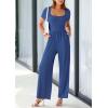 imagePRETTYGARDEN Womens Summer One Piece Jumpsuits Dressy Casual Short Sleeve Square Neck Wide Leg Jumpsuit RompersDark Blue