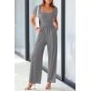 imagePRETTYGARDEN Womens Summer One Piece Jumpsuits Dressy Casual Short Sleeve Square Neck Wide Leg Jumpsuit RompersGrey