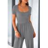 imagePRETTYGARDEN Womens Summer One Piece Jumpsuits Dressy Casual Short Sleeve Square Neck Wide Leg Jumpsuit RompersGrey