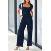 imagePRETTYGARDEN Womens Summer One Piece Jumpsuits Dressy Casual Short Sleeve Square Neck Wide Leg Jumpsuit RompersNavy