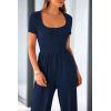 imagePRETTYGARDEN Womens Summer One Piece Jumpsuits Dressy Casual Short Sleeve Square Neck Wide Leg Jumpsuit RompersNavy