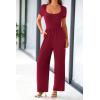 imagePRETTYGARDEN Womens Summer One Piece Jumpsuits Dressy Casual Short Sleeve Square Neck Wide Leg Jumpsuit RompersWine Red