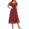imagePRETTYGARDEN Womens Smocked Midi Tulle Dress 2025 Summer Puffy Short Sleeve Square Neck Ruffle Wedding Guest Party DressesBrick Red