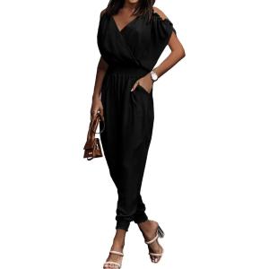 imagePRETTYGARDEN Jumpsuit for Women Casual Wrap V Neck Cold Shoulder One Piece Outfits Pants Romper BlackLarge