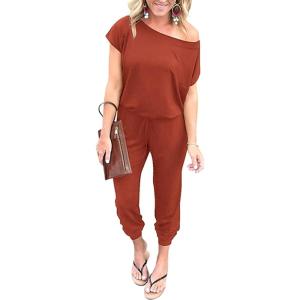 imagePRETTYGARDEN Jumpsuits for Women 2025 Dressy Casual Off Shoulder Romper Outfits Spring Vacation Travel Summer Lounge ClothesBrick Red