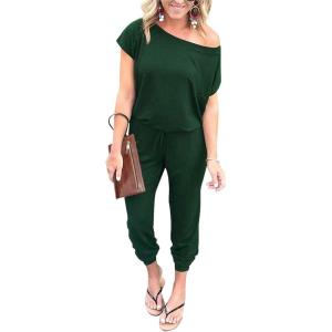 imagePRETTYGARDEN Jumpsuits for Women 2025 Dressy Casual Off Shoulder Romper Outfits Spring Vacation Travel Summer Lounge ClothesDark Green