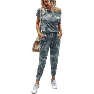 imagePRETTYGARDEN Jumpsuits for Women 2025 Dressy Casual Off Shoulder Romper Outfits Spring Vacation Travel Summer Lounge ClothesGreen Camo