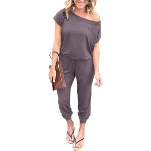 imagePRETTYGARDEN Jumpsuits for Women 2025 Dressy Casual Off Shoulder Romper Outfits Spring Vacation Travel Summer Lounge ClothesGrey