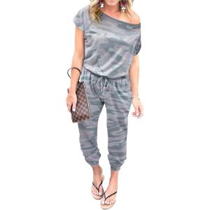 imagePRETTYGARDEN Jumpsuits for Women 2025 Dressy Casual Off Shoulder Romper Outfits Spring Vacation Travel Summer Lounge ClothesGrey Camouflage