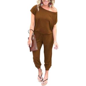 imagePRETTYGARDEN Jumpsuits for Women 2025 Dressy Casual Off Shoulder Romper Outfits Spring Vacation Travel Summer Lounge ClothesLight Brown