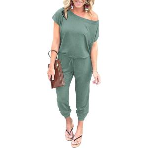 imagePRETTYGARDEN Jumpsuits for Women 2025 Dressy Casual Off Shoulder Romper Outfits Spring Vacation Travel Summer Lounge ClothesLight Green