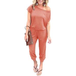 imagePRETTYGARDEN Jumpsuits for Women 2025 Dressy Casual Off Shoulder Romper Outfits Spring Vacation Travel Summer Lounge ClothesPink