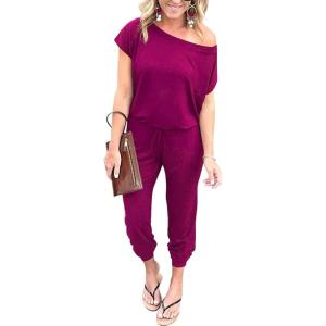 imagePRETTYGARDEN Jumpsuits for Women 2025 Dressy Casual Off Shoulder Romper Outfits Spring Vacation Travel Summer Lounge ClothesPurple