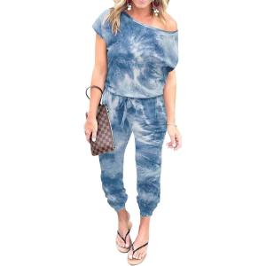 imagePRETTYGARDEN Jumpsuits for Women 2025 Dressy Casual Off Shoulder Romper Outfits Spring Vacation Travel Summer Lounge ClothesTie Dyeblue