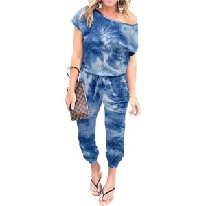 imagePRETTYGARDEN Jumpsuits for Women 2025 Dressy Casual Off Shoulder Romper Outfits Spring Vacation Travel Summer Lounge ClothesTie Dyedark Blue