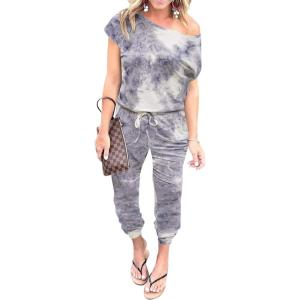 imagePRETTYGARDEN Jumpsuits for Women 2025 Dressy Casual Off Shoulder Romper Outfits Spring Vacation Travel Summer Lounge ClothesTie Dyegrey