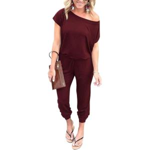imagePRETTYGARDEN Jumpsuits for Women 2025 Dressy Casual Off Shoulder Romper Outfits Spring Vacation Travel Summer Lounge ClothesWine Red