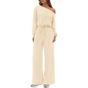 imagePRETTYGARDEN Long Sleeve Jumpsuit For Women Dressy 2025 Off Shoulder One Piece Loose Wide Leg Jumpsuits Casual Flowy RomperApricot