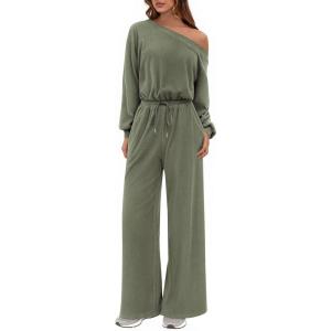 imagePRETTYGARDEN Long Sleeve Jumpsuit For Women Dressy 2025 Off Shoulder One Piece Loose Wide Leg Jumpsuits Casual Flowy RomperBean Green