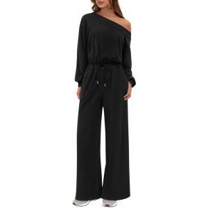 imagePRETTYGARDEN Long Sleeve Jumpsuit For Women Dressy 2025 Off Shoulder One Piece Loose Wide Leg Jumpsuits Casual Flowy RomperBlack