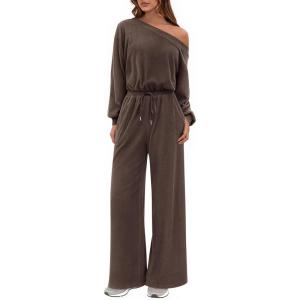 imagePRETTYGARDEN Long Sleeve Jumpsuit For Women Dressy 2025 Off Shoulder One Piece Loose Wide Leg Jumpsuits Casual Flowy RomperBrown