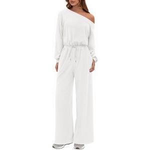 imagePRETTYGARDEN Long Sleeve Jumpsuit For Women Dressy 2025 Off Shoulder One Piece Loose Wide Leg Jumpsuits Casual Flowy RomperWhite